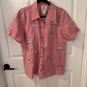 Quacker Factory Short Sleeve Shirt  Size L‎ Americana Patriotic Red Button USA
